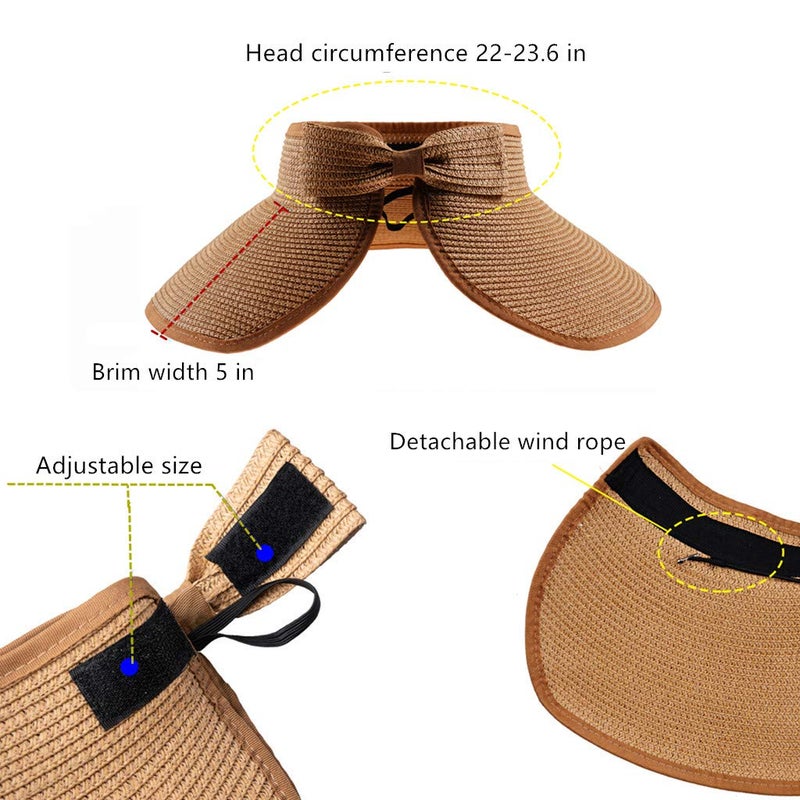 UOUDIO Sun Visor Hats Summer Wide Brim Clip on Beach Adjustable Large Brim Cap Golf Hat for Women Khaki - Image 3